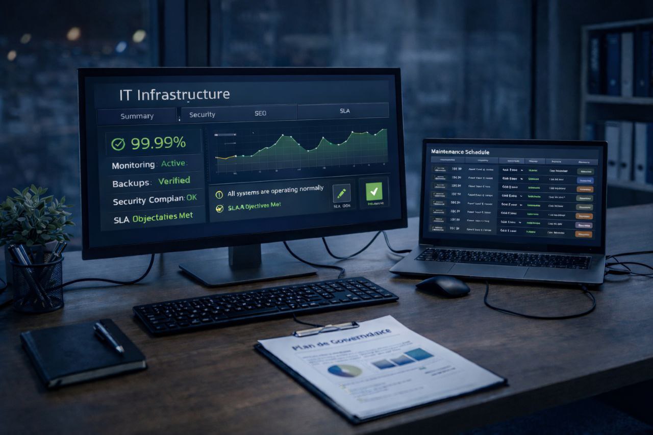 Infogérance serveurs Linux entreprise avec supervision active, sauvegardes vérifiées et suivi SLA