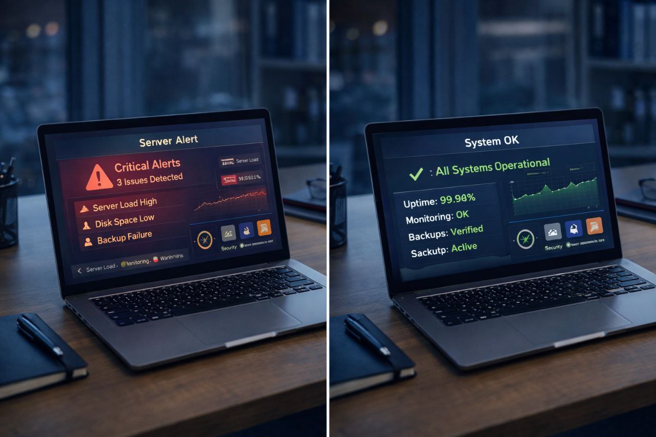 Illustration quand externaliser infogérance Linux avec comparaison alertes critiques et système stabilisé