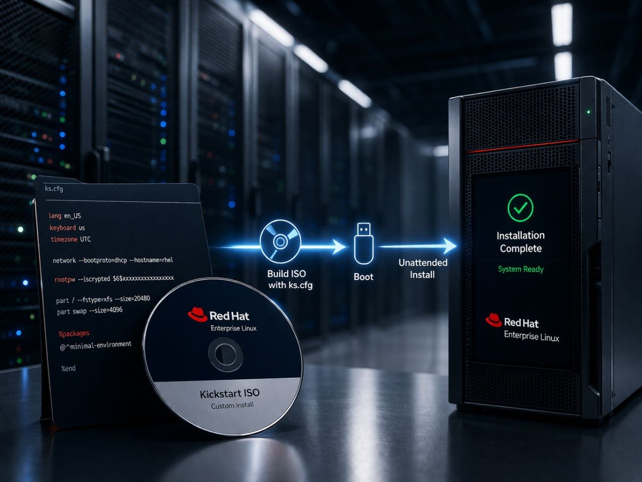 Illustration installation automatique Red Hat avec ISO Kickstart et serveur prêt en datacenter