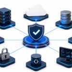 Schéma d’infrastructure IT sécurisée pour PME ou startup : cloud, serveurs, base de données, pare-feu, sauvegarde et supervision connectés autour d’un socle central.
