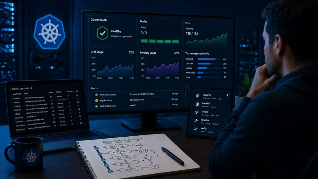 Dashboard de monitoring Kubernetes avec métriques de cluster et workflow de troubleshooting en production