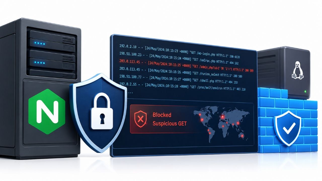 Illustration de requêtes GET suspectes dans les logs Nginx avec blocage et durcissement VPS