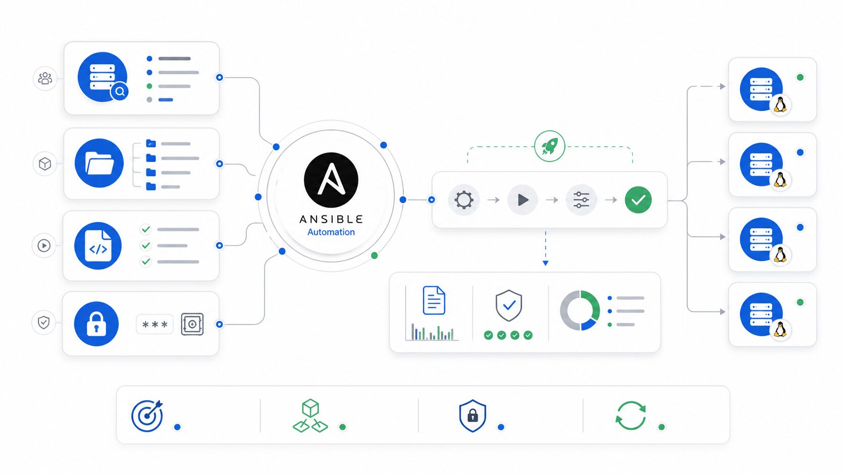 Schéma d’industrialisation d’une infrastructure Linux avec Ansible, inventaire, rôles, playbooks, secrets et serveurs cibles
