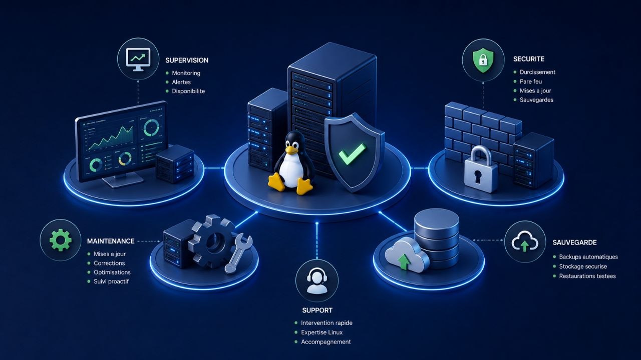 Infogérance Linux : supervision, sécurité, maintenance et sauvegardes pour serveurs en PME