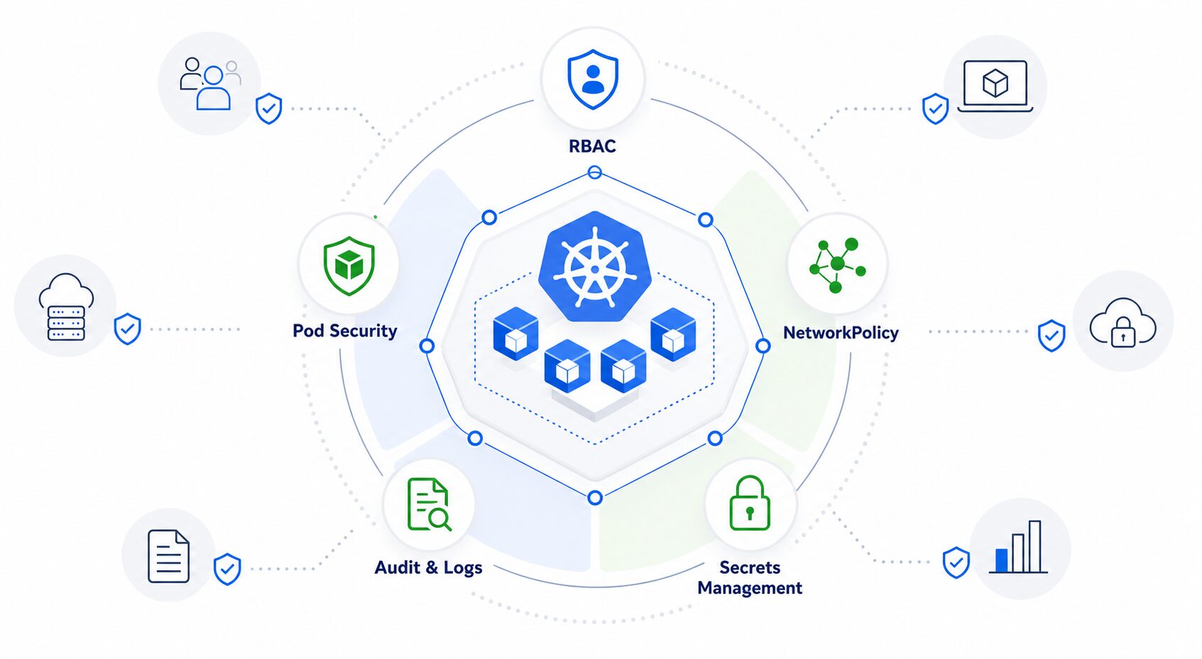 Infographie de durcissement Kubernetes avec RBAC, NetworkPolicy, sécurité des pods, secrets et audit