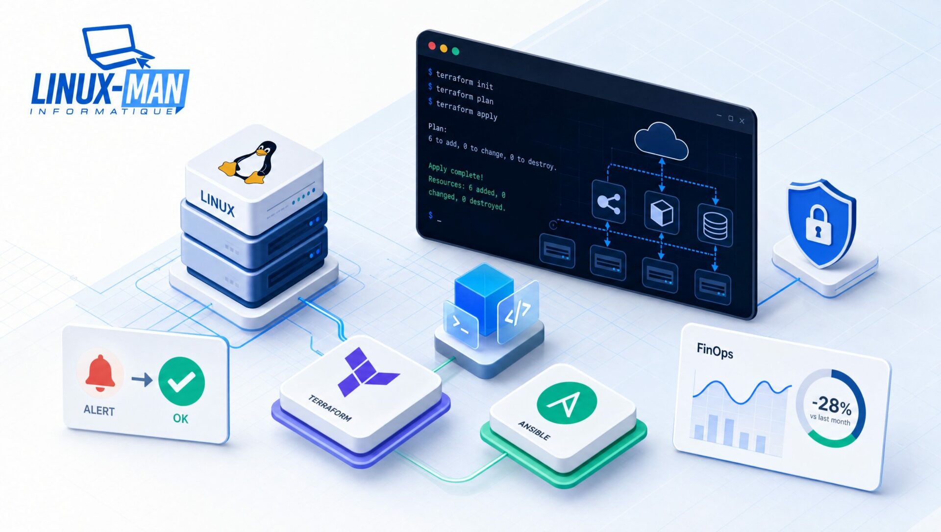 Illustration Linux-Man : Linux, Terraform, Ansible, cloud, monitoring et FinOps