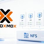 Illustration Proxmox avec stockage NFS, plusieurs VM et un template sur fond blanc