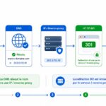 Schéma clair d’une redirection 301 avec DNS, HTTPS, reverse proxy et réponse HTTP vers un nouveau domaine