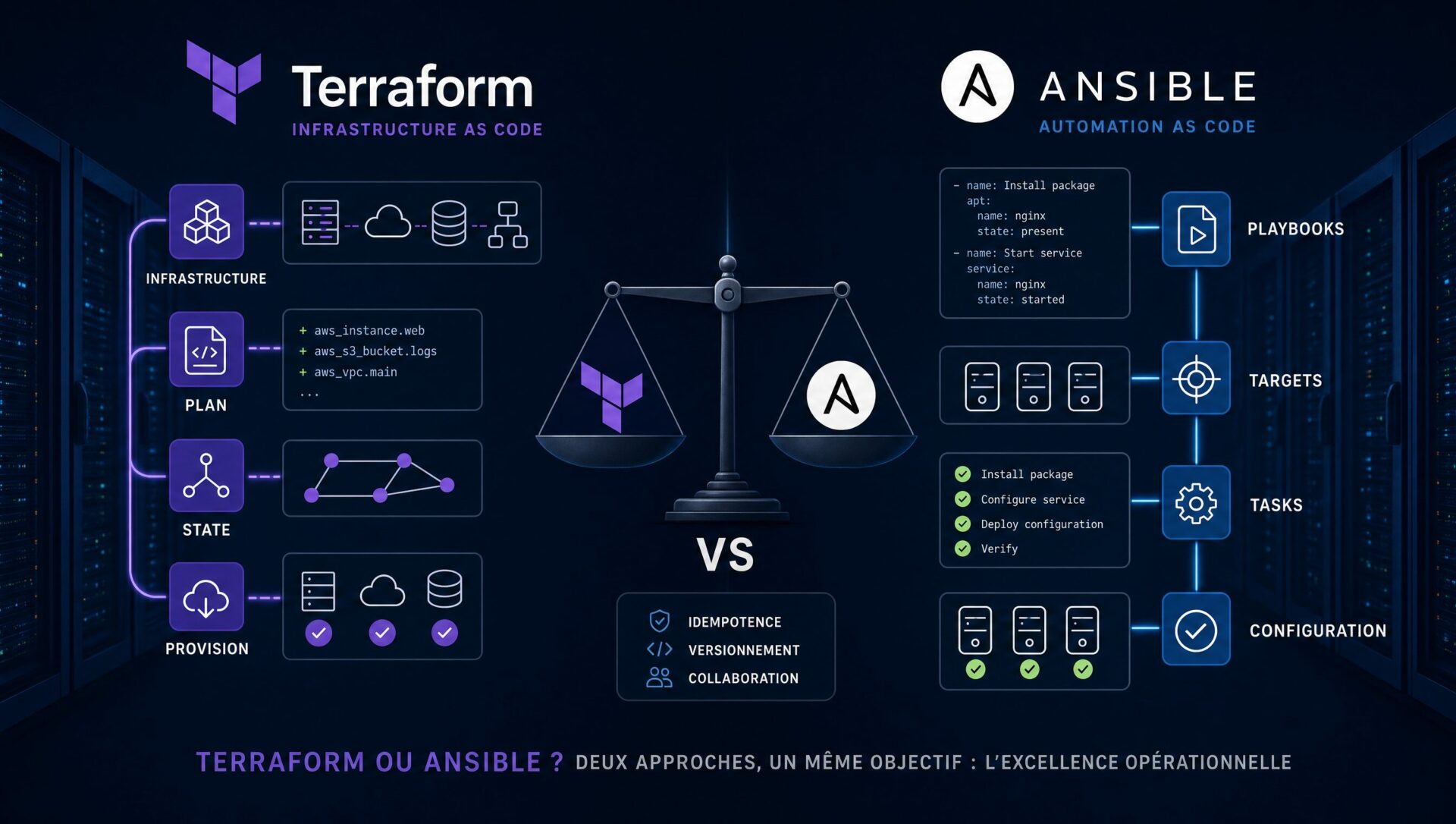 Comparatif visuel Terraform et Ansible pour illustrer provisioning, state, playbooks et automatisation