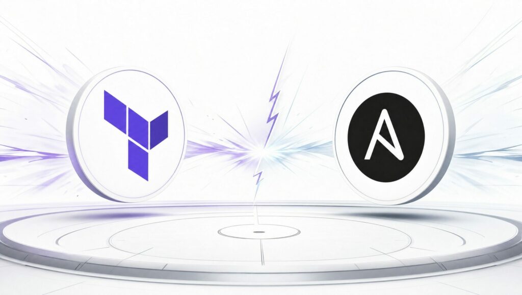 Terraform vs Ansible dans une arène sobre sur fond clair pour illustrer le choix entre provisioning et configuration