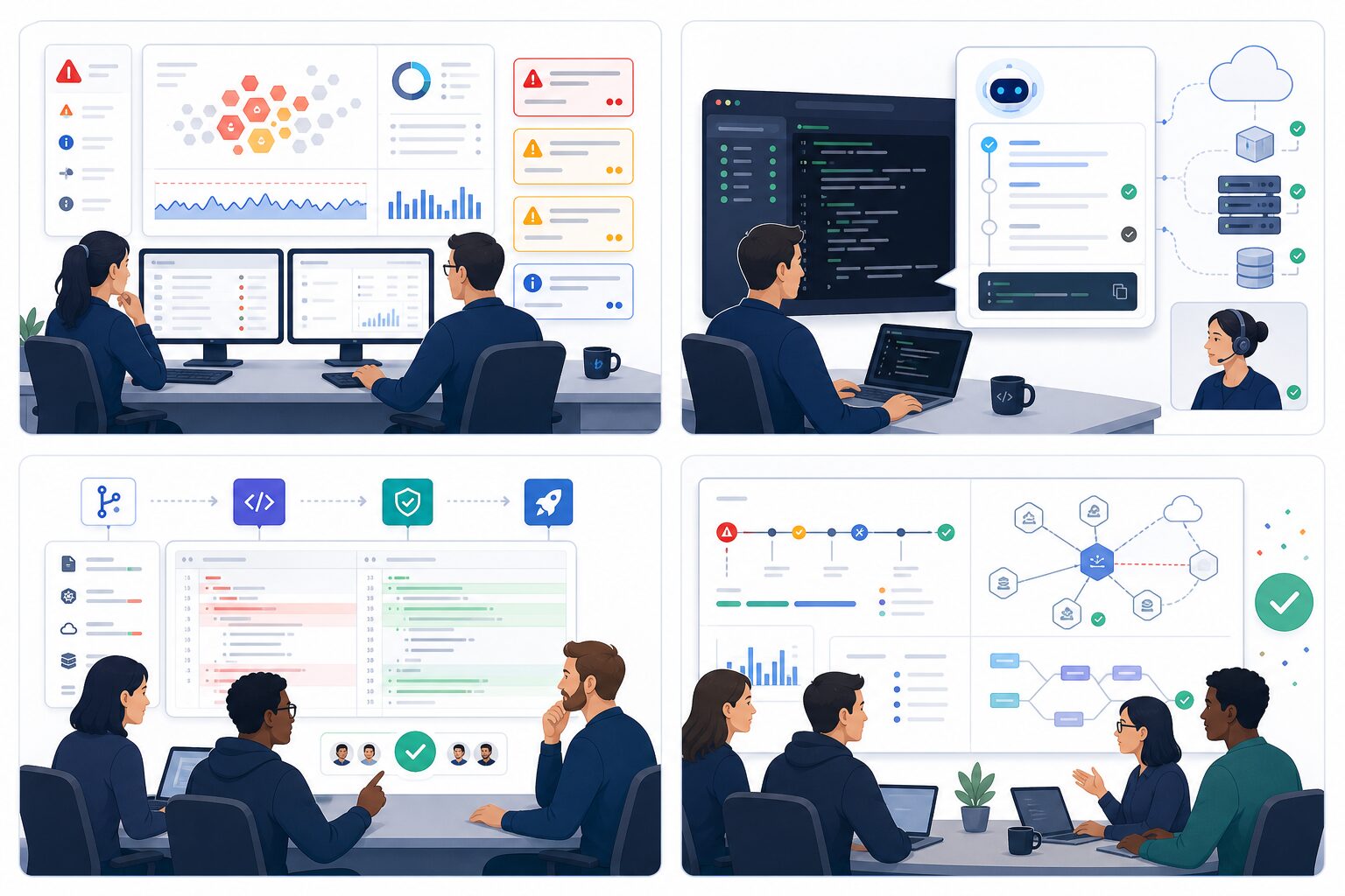 Infographie AI DevOps sur fond blanc montrant tri d alertes, runbooks assistés, revue de changement et post mortem