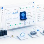 Illustration AI DevOps premium sur fond blanc avec tableau de bord, sécurité, observabilité et workflow de validation