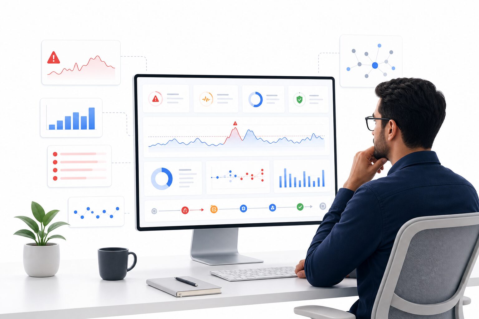 Ingénieur analysant alertes et dérives d un système IA avec dashboard sur fond blanc
