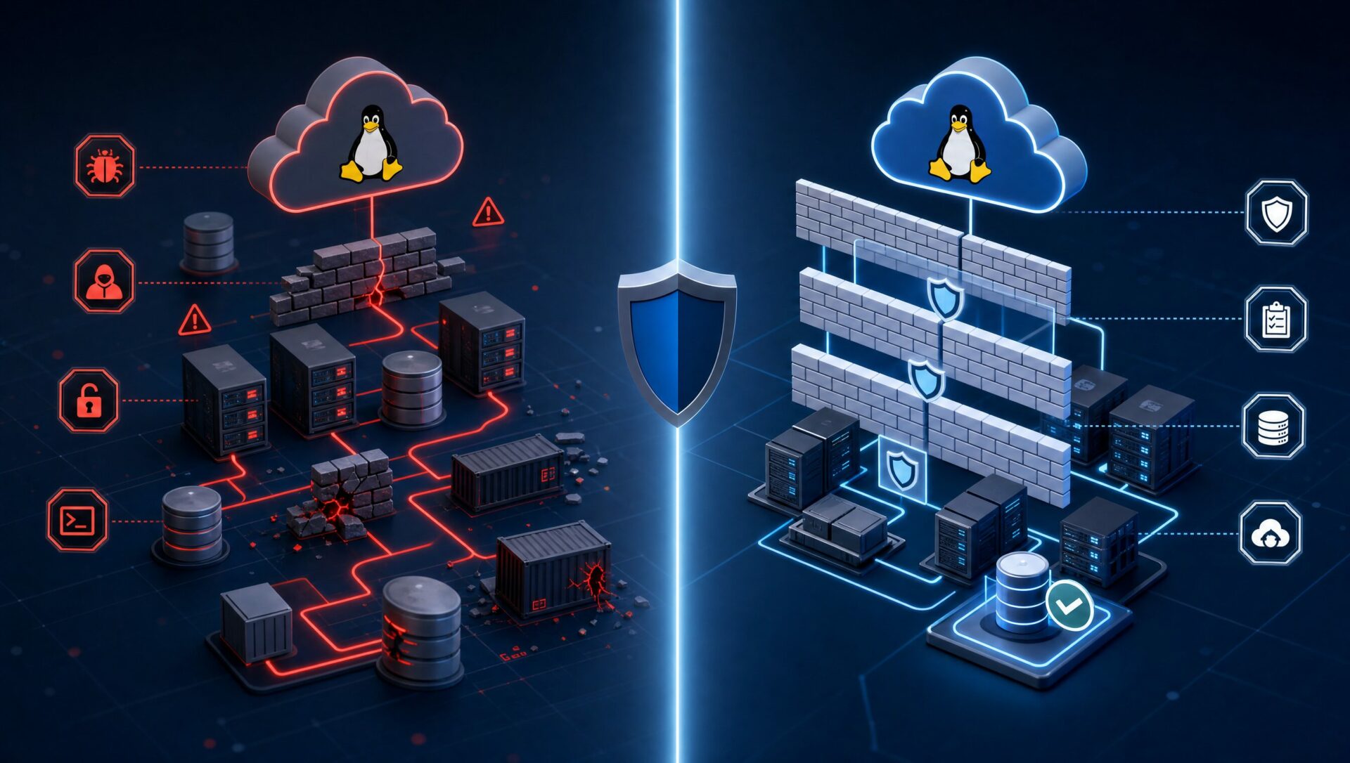 Illustration avant après d'une infrastructure Linux cloud exposée puis sécurisée après audit