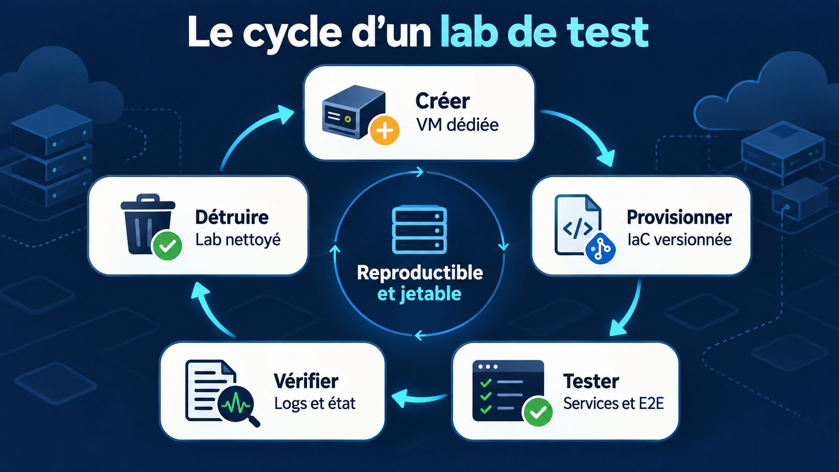 Infographie agent IA : cycle d’un lab de test IaC, de la création à la destruction