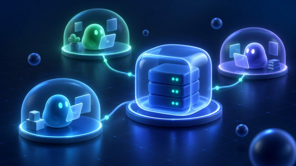 Illustration blob d’agents IA dans des labs isolés autour d’une VM de test dédiée