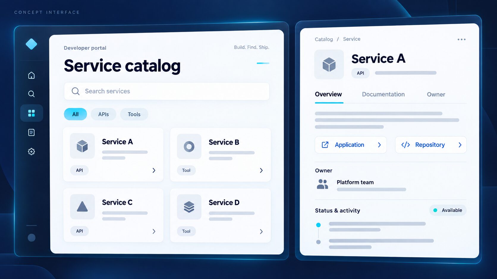 Illustration générée d’une interface fictive de portail développeur, avec catalogue de services et fiche détaillée.