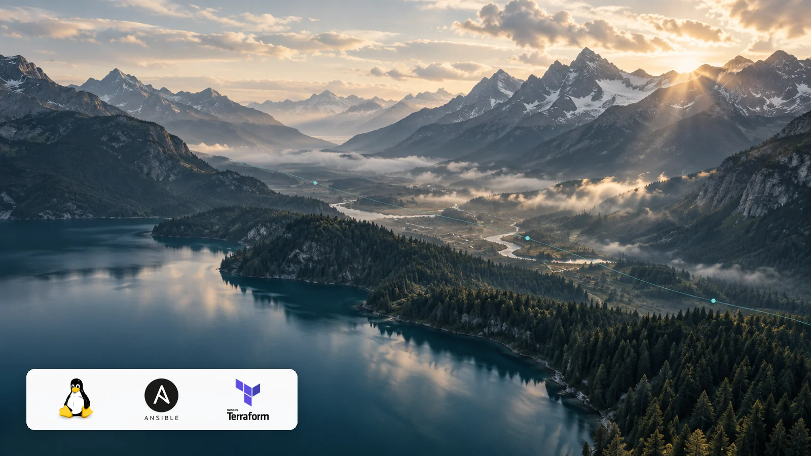 Paysage alpin traversé par une ligne de connexion, avec les logos Linux, Ansible et Terraform.