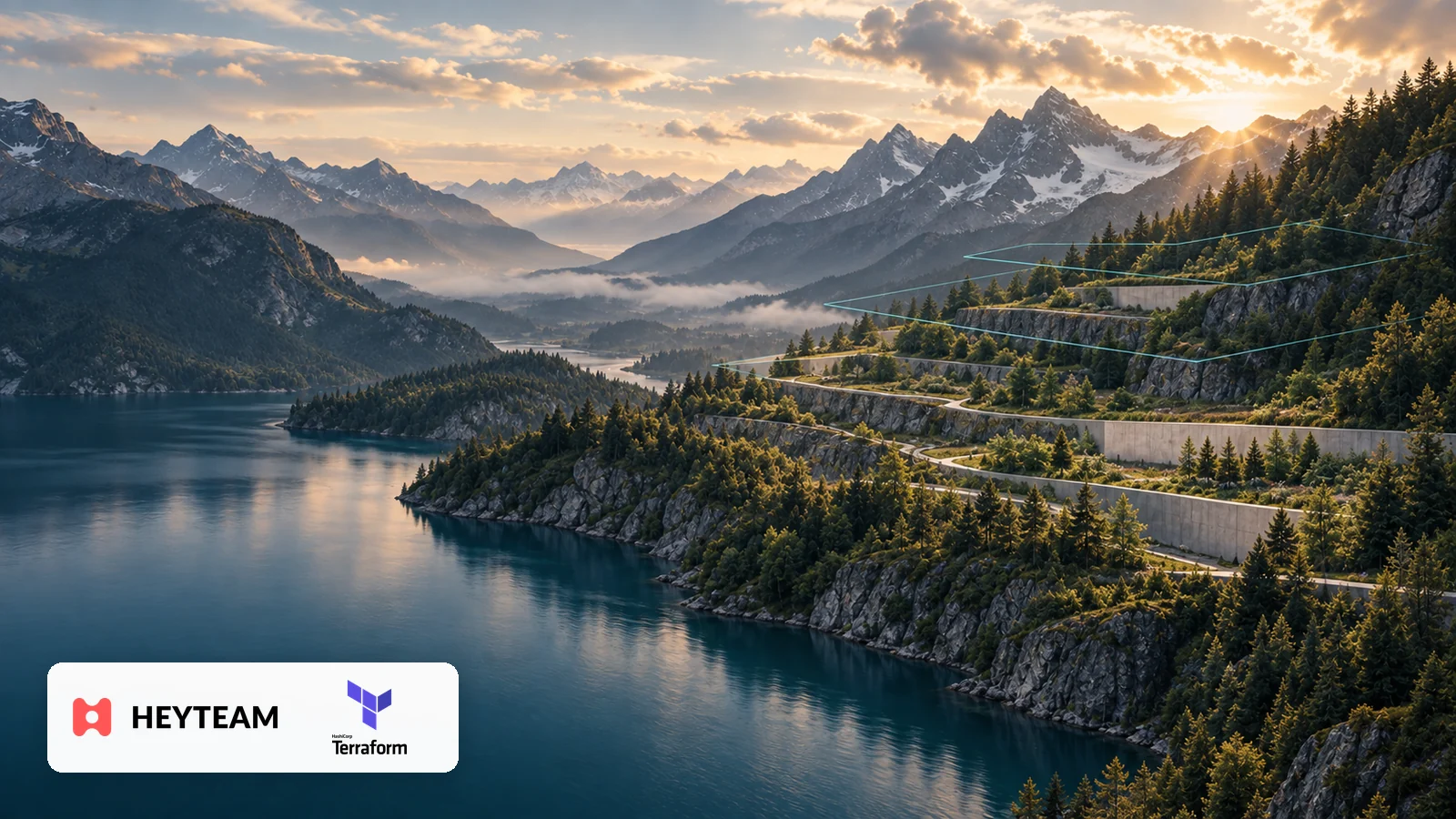 Paysage en terrasses et lignes de plan superposées, avec les logos Heyteam et Terraform.