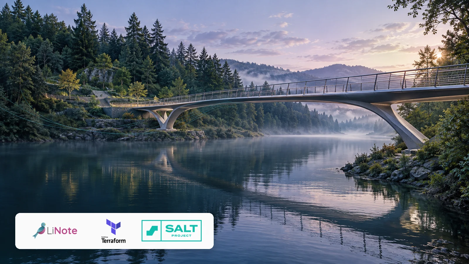 Pont au-dessus d’une rivière boisée, avec les logos LiNote, Terraform et Salt Project.