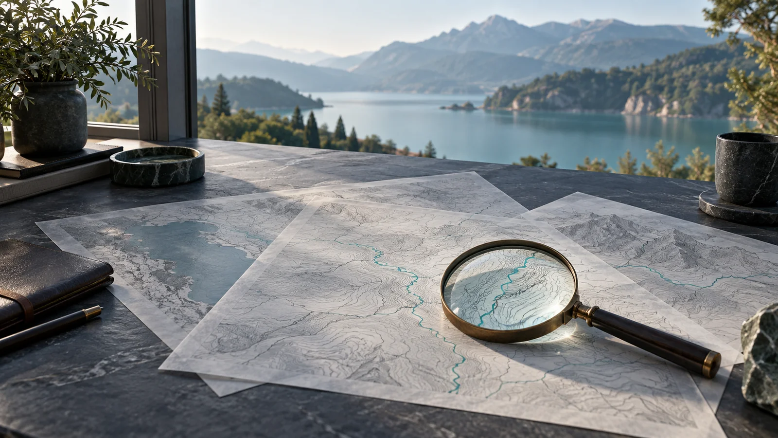 Plans de terrain et loupe sur une table face à un paysage de lac et de montagnes.