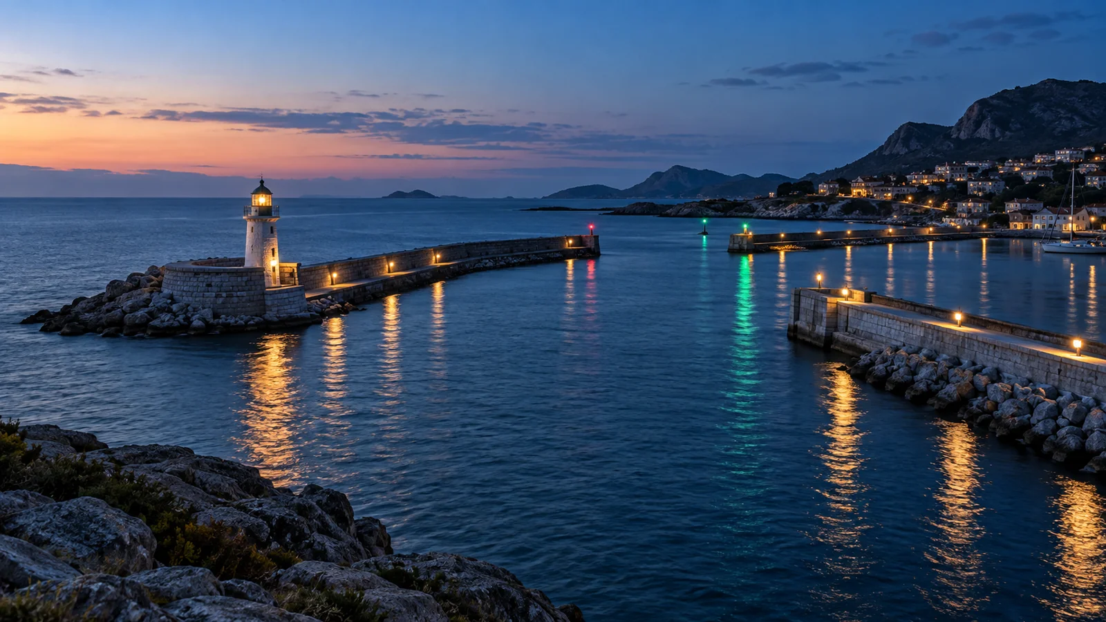Phare et repères de navigation dans un port calme à la tombée du jour.