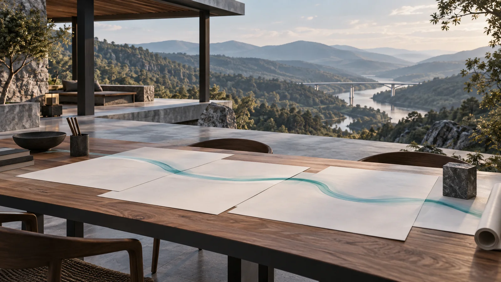 Plans et trajectoire sur une table de travail ouverte sur une vallée et un pont.
