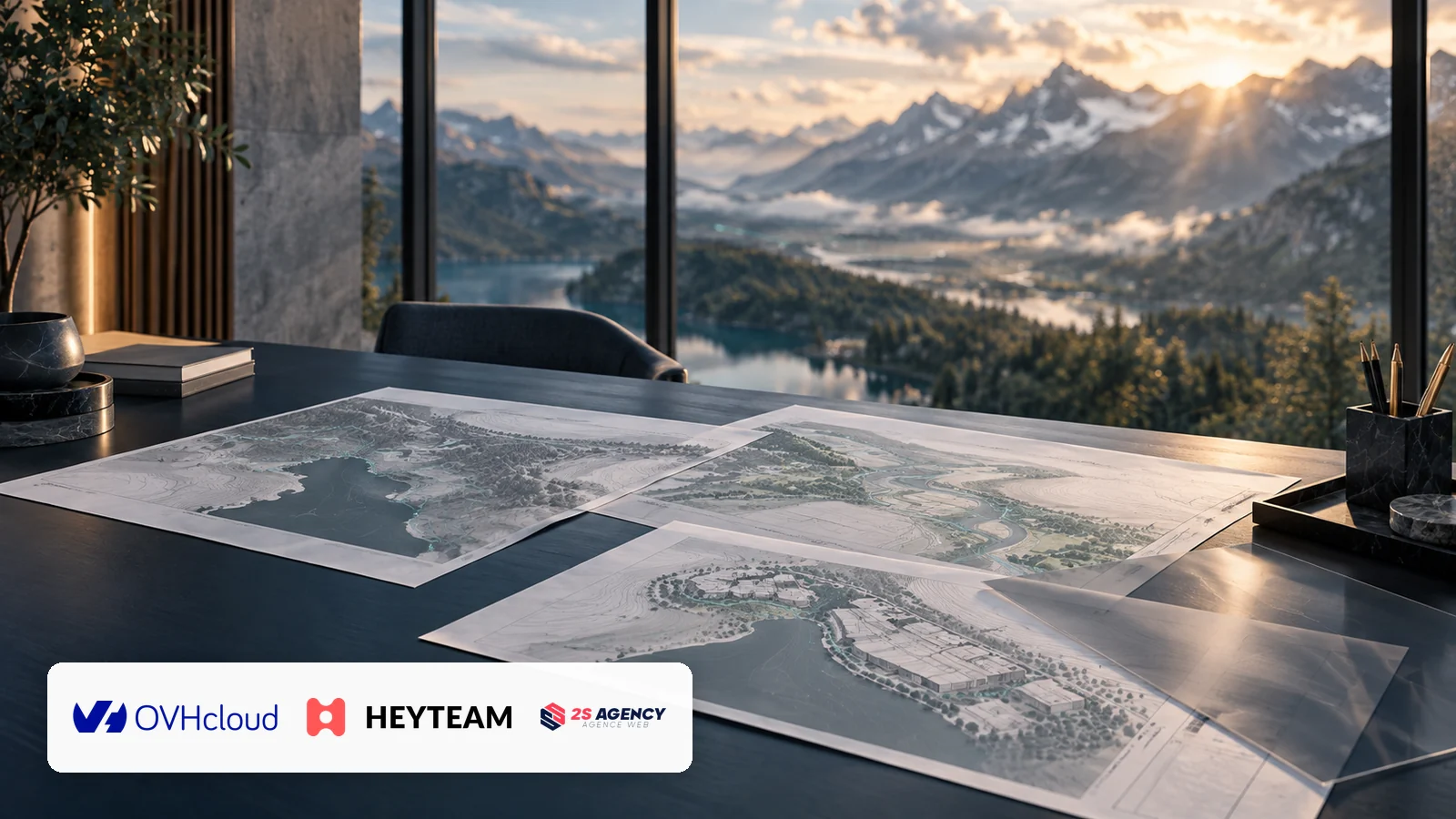 Plans de projets sur une table ouverte sur un paysage montagneux, avec les logos OVHcloud, Heyteam et 2S Agency.